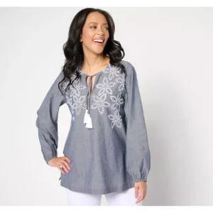 Dennis Basso Chambray Tunic with Eyelet Embroidery - a world of fashionable women's clothing, including a wide selection of dresses and trendy accessories.> Hat