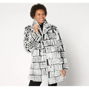 Dennis Basso Geometric Jacquard Faux Fur Coat with Hidden Snap - a world of fashionable women's clothing, including a wide selection of dresses and trendy accessories.> Coats