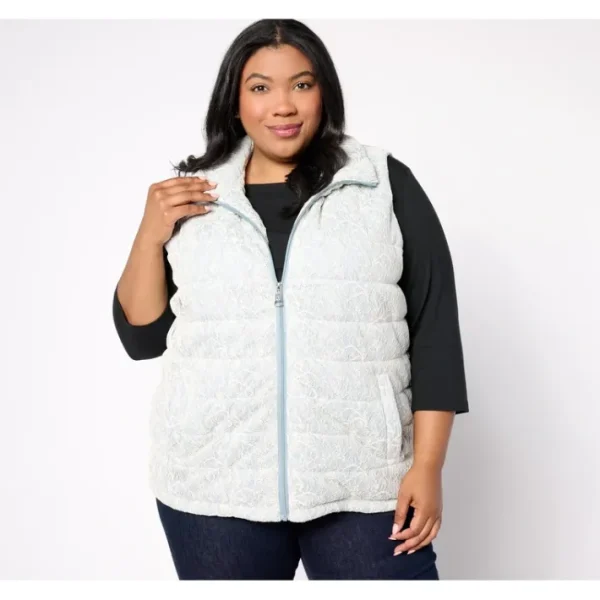 Shop All<Dennis Basso Metallic Lace Puffer Vest - a world of fashionable women's clothing, including a wide selection of dresses and trendy accessories.