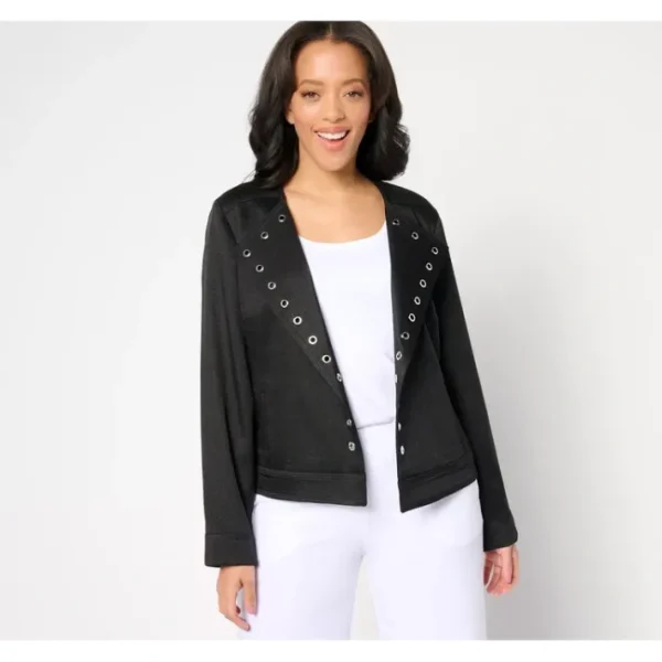Shop All<Dennis Basso Open Front Twill Jacket with Grommet Detail - a world of fashionable women's clothing, including a wide selection of dresses and trendy accessories.