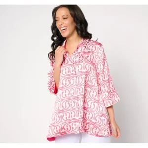 Dennis Basso Printed Button Front Tunic with 3/4 Sleeves - a world of fashionable women's clothing, including a wide selection of dresses and trendy accessories.> Hat