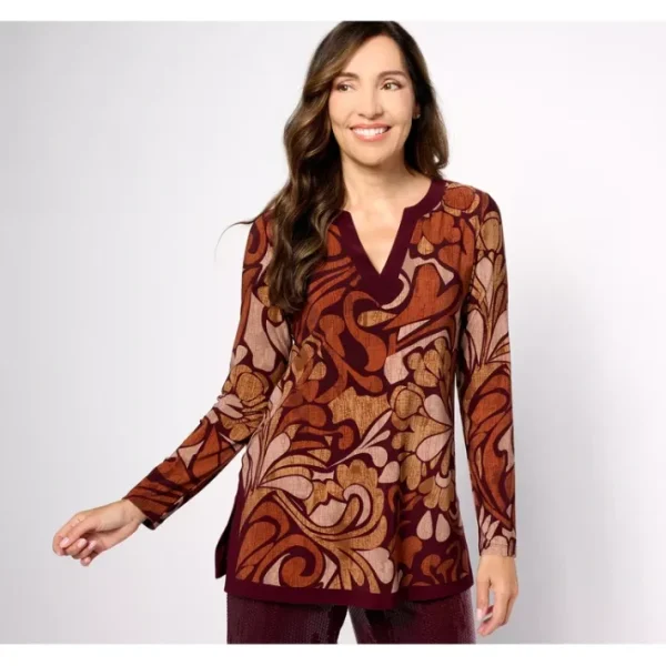 Shop All<Dennis Basso Printed Knit Tunic with Solid Trim - a world of fashionable women's clothing, including a wide selection of dresses and trendy accessories.
