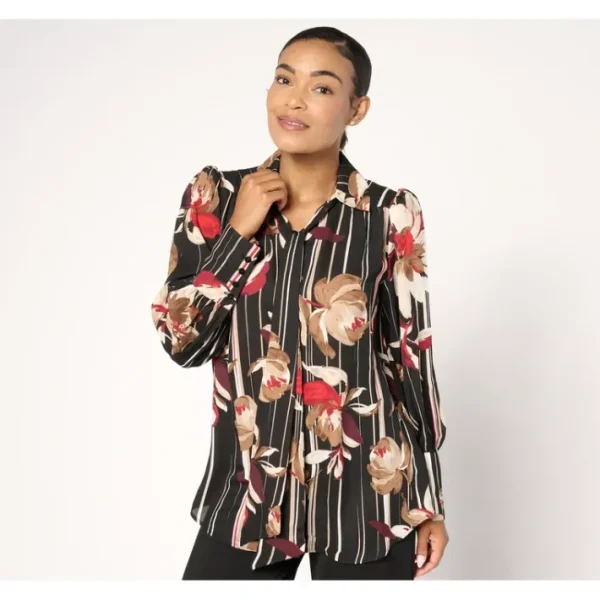 Shop All<Dennis Basso Printed Woven Blouse with Balloon Sleeves - a world of fashionable women's clothing, including a wide selection of dresses and trendy accessories.