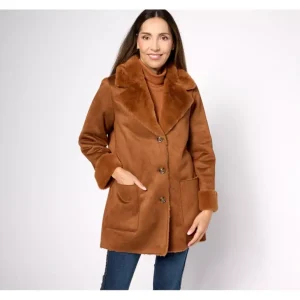 Dennis Basso Suede to Faux Fur Coat with Notch Collar - a world of fashionable women's clothing, including a wide selection of dresses and trendy accessories.> Coats