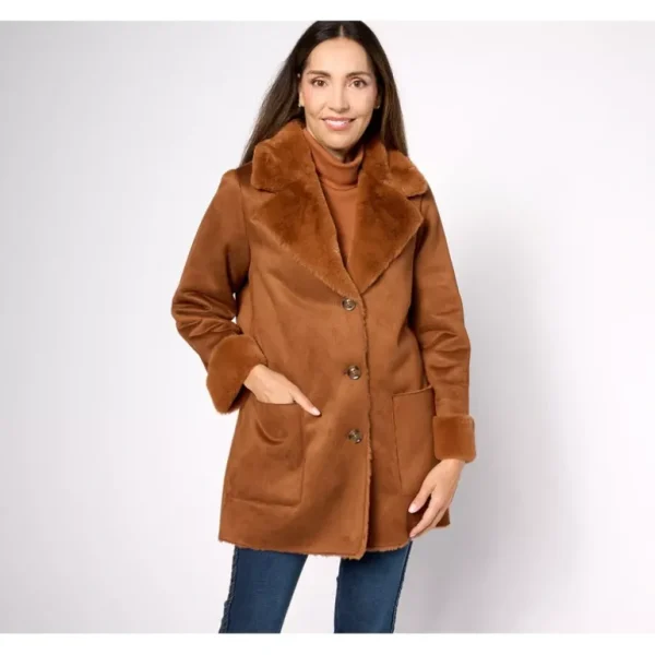 Dennis Basso Suede to Faux Fur Coat with Notch Collar - a world of fashionable women's clothing, including a wide selection of dresses and trendy accessories.> Coats