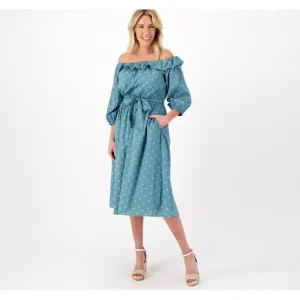 Dresses<Destination 365 Clip Dot Off- the-Shoulder Midi Dress - a world of fashionable women's clothing, including a wide selection of dresses and trendy accessories.