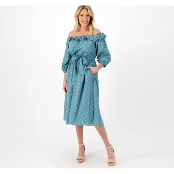 Dresses<Destination 365 Clip Dot Off- the-Shoulder Midi Dress - a world of fashionable women's clothing, including a wide selection of dresses and trendy accessories.