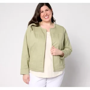 Destination 365 Denim Jacket with Braided Trim- Color - a world of fashionable women's clothing, including a wide selection of dresses and trendy accessories.> Hat