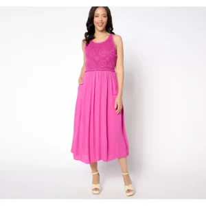 Dresses<Destination 365 Petite Crinkle Chiffon Crochet Maxi Dress - a world of fashionable women's clothing, including a wide selection of dresses and trendy accessories.