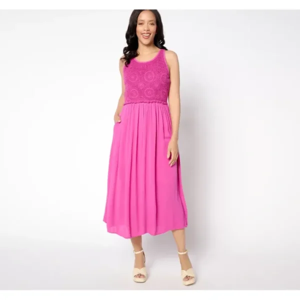 Dresses<Destination 365 Petite Crinkle Chiffon Crochet Maxi Dress - a world of fashionable women's clothing, including a wide selection of dresses and trendy accessories.