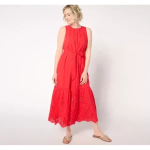 Dresses<Destination 365 Petite Eyelet Sleeveless Maxi Dress with Self Belt - a world of fashionable women's clothing, including a wide selection of dresses and trendy accessories.