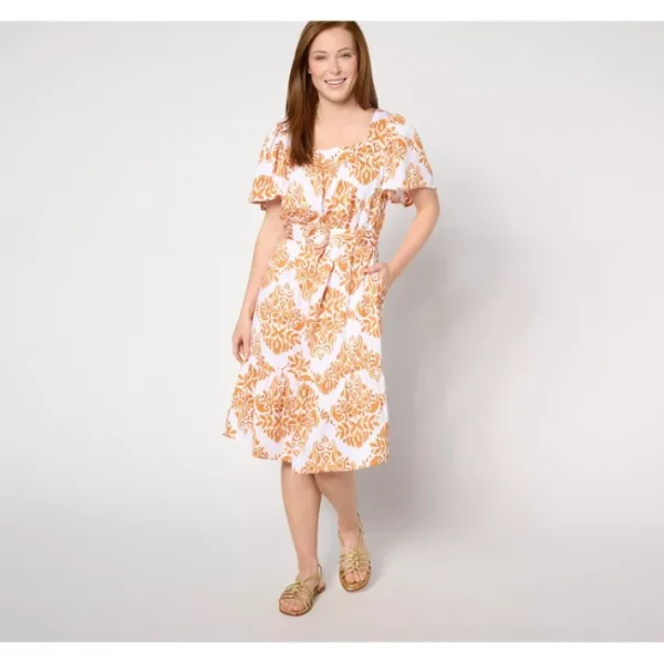 Dresses<Destination 365 Petite Printed Flutter Sleeve Self Belted Dress - a world of fashionable women's clothing, including a wide selection of dresses and trendy accessories.