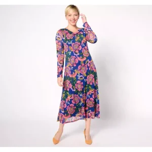 Dresses<Destination 365 Petite Printed Mesh Midi Dress w/ Neck Detail - a world of fashionable women's clothing, including a wide selection of dresses and trendy accessories.