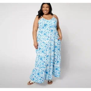 Dresses<Destination 365 Petite Printed Sleeveless Knit Maxi Dress with Lace Trim - a world of fashionable women's clothing, including a wide selection of dresses and trendy accessories.