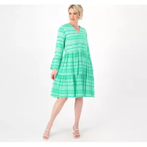 Dresses<Destination 365 Printed 3/4 Sleeve Split Neck Dress - a world of fashionable women's clothing, including a wide selection of dresses and trendy accessories.