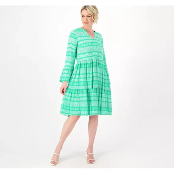 Dresses<Destination 365 Printed 3/4 Sleeve Split Neck Dress - a world of fashionable women's clothing, including a wide selection of dresses and trendy accessories.