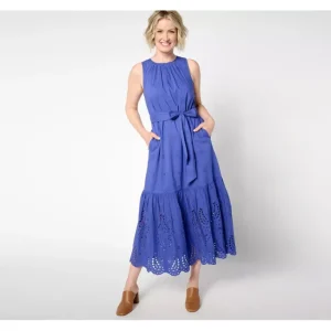 Dresses<Destination 365 Regular Eyelet Sleeveless Maxi Dress with Self Belt - a world of fashionable women's clothing, including a wide selection of dresses and trendy accessories.
