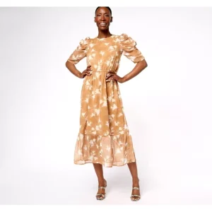 Dresses<Destination 365 Regular Printed Chiffon Puff Sleeve Midi Dress - a world of fashionable women's clothing, including a wide selection of dresses and trendy accessories.