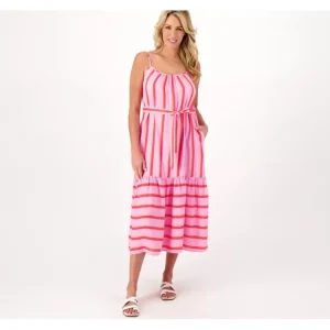 Dresses<Destination 365 Stripe Tank Dress with Self Belt - a world of fashionable women's clothing, including a wide selection of dresses and trendy accessories.