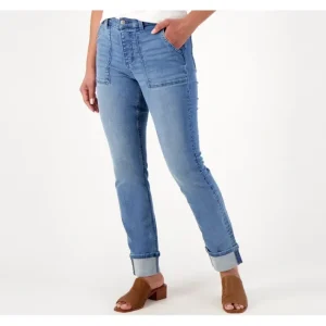 Fashion<Easy Stretch Denim Petite Utility Jean - a world of fashionable women's clothing, including a wide selection of dresses and trendy accessories.