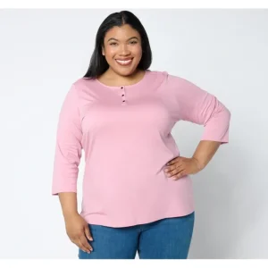 Fashion<Essentials Luxe Jersey 3/4 Sleeve Henley Top - a world of fashionable women's clothing, including a wide selection of dresses and trendy accessories.