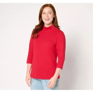 Fashion<Essentials Perfect Jersey 3/4 Sleeve Mock Neck Top - a world of fashionable women's clothing, including a wide selection of dresses and trendy accessories.