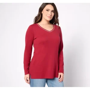 Fashion<Essentials Petite Long Sleeve Tunic w/ Lurex Trim - a world of fashionable women's clothing, including a wide selection of dresses and trendy accessories.