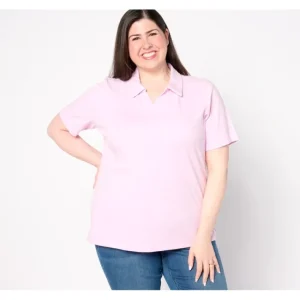 Fashion<Essentials Textured Knit Short Sleeve V-Neck Polo Top - a world of fashionable women's clothing, including a wide selection of dresses and trendy accessories.