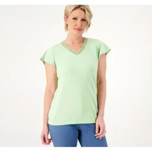 Fashion<Favorite Jersey V-Neck Flutter Sleeve Top w/ Lace Trim - a world of fashionable women's clothing, including a wide selection of dresses and trendy accessories.
