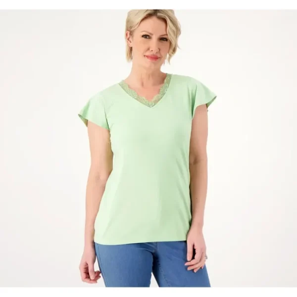 Fashion<Favorite Jersey V-Neck Flutter Sleeve Top w/ Lace Trim - a world of fashionable women's clothing, including a wide selection of dresses and trendy accessories.