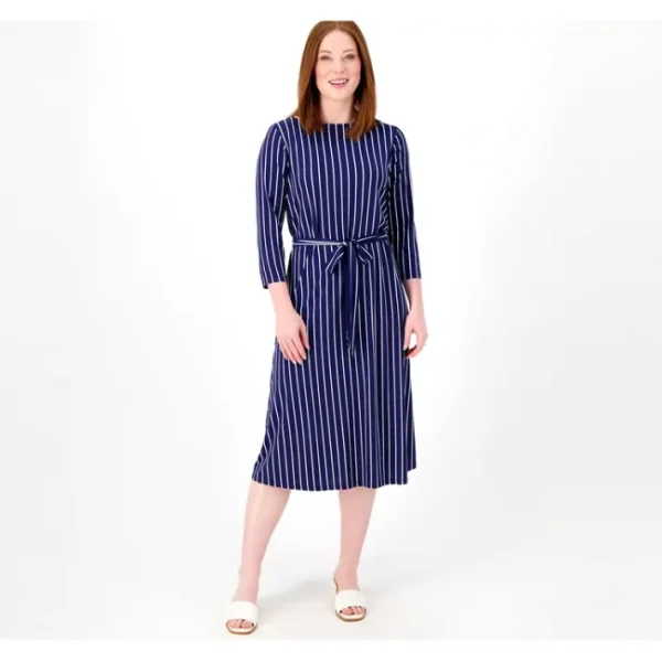 Dresses<Girl With Curves Petite Striped Knit Jersey Dress - a world of fashionable women's clothing, including a wide selection of dresses and trendy accessories.