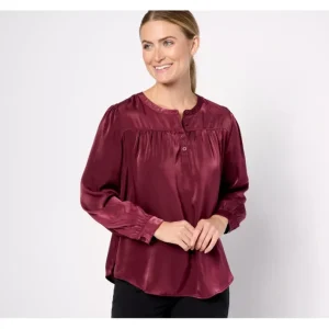Fashion<Henley Long Sleeve Blouse with Shirring Detail - a world of fashionable women's clothing, including a wide selection of dresses and trendy accessories.