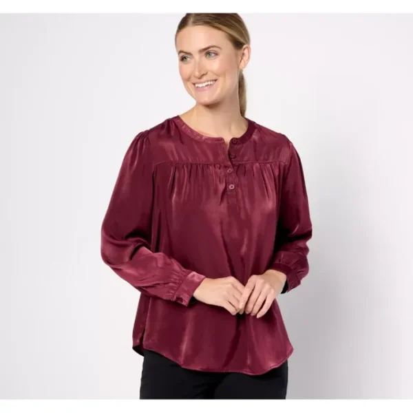 Fashion<Henley Long Sleeve Blouse with Shirring Detail - a world of fashionable women's clothing, including a wide selection of dresses and trendy accessories.