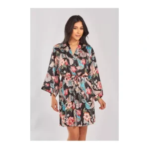 iCollection Printed Satin Robe with Piping Details - a world of fashionable women's clothing, including a wide selection of dresses and trendy accessories.> Hat