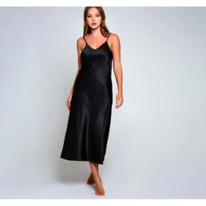 Dresses<iCollection Satin Glossy Midi Sleep Dress in Onyx Black - a world of fashionable women's clothing, including a wide selection of dresses and trendy accessories.