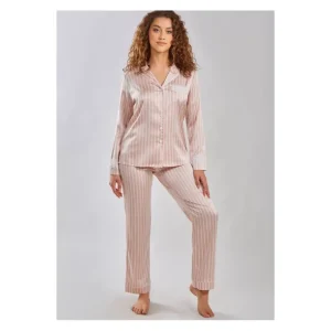 iCollection Striped Satin Button-Up Pajama Lou nge Set - a world of fashionable women's clothing, including a wide selection of dresses and trendy accessories.> Hat