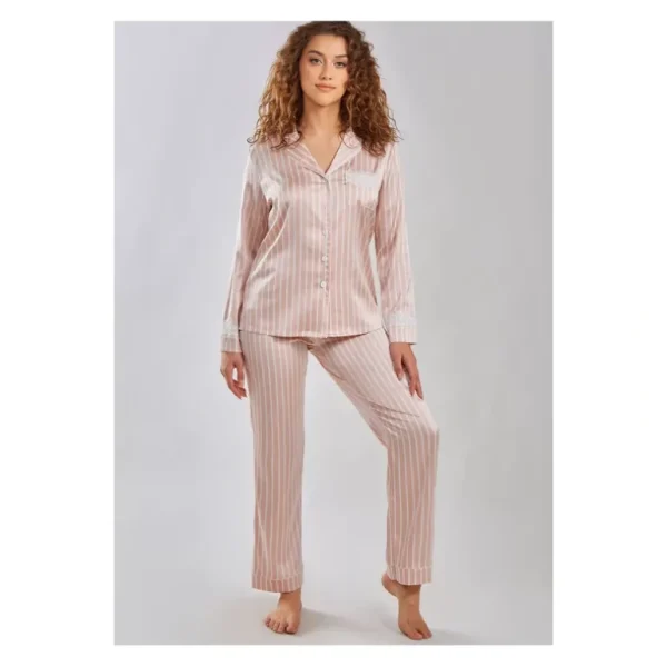 iCollection Striped Satin Button-Up Pajama Lou nge Set - a world of fashionable women's clothing, including a wide selection of dresses and trendy accessories.> Hat