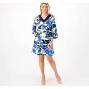 Dresses<Isaac Mizrah Live Regular Printed Stretch Linen A-Line Dress - a world of fashionable women's clothing, including a wide selection of dresses and trendy accessories.