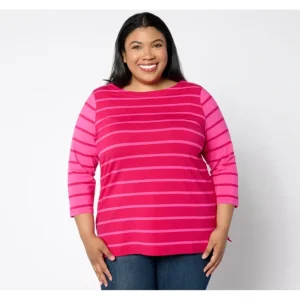 Isaac Mizrahi Live! 3/4 Sleeve Yarn Dye Stripe Boat Neck Top - a world of fashionable women's clothing, including a wide selection of dresses and trendy accessories.> Hat
