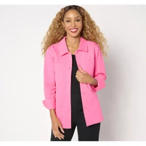 Isaac Mizrahi Live! 24/7 Stretch Button Front Shirt Jacket - a world of fashionable women's clothing, including a wide selection of dresses and trendy accessories.> Hat