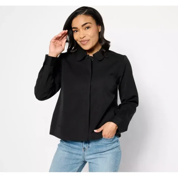 Shop All<Isaac Mizrahi Live! 24/7 Stretch Trench Jacket with Pockets - a world of fashionable women's clothing, including a wide selection of dresses and trendy accessories.