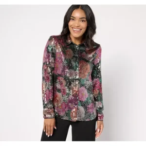 Dresses<Isaac Mizrahi Live! Always Isaac Printed Sequin Button Front Top - a world of fashionable women's clothing, including a wide selection of dresses and trendy accessories.