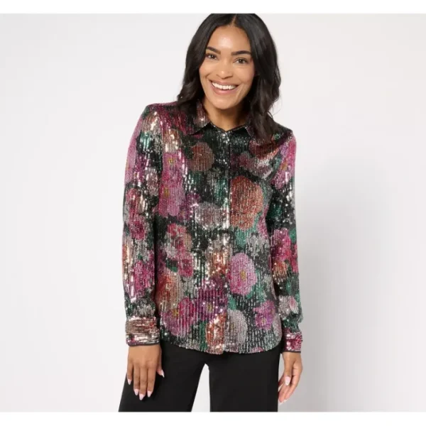 Dresses<Isaac Mizrahi Live! Always Isaac Printed Sequin Button Front Top - a world of fashionable women's clothing, including a wide selection of dresses and trendy accessories.