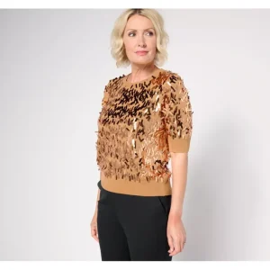 Isaac Mizrahi Live! Always Isaac Sequin Elbow Sleeve Sweater - a world of fashionable women's clothing, including a wide selection of dresses and trendy accessories.> Hat