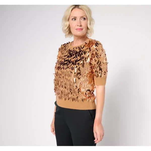 Isaac Mizrahi Live! Always Isaac Sequin Elbow Sleeve Sweater - a world of fashionable women's clothing, including a wide selection of dresses and trendy accessories.> Hat