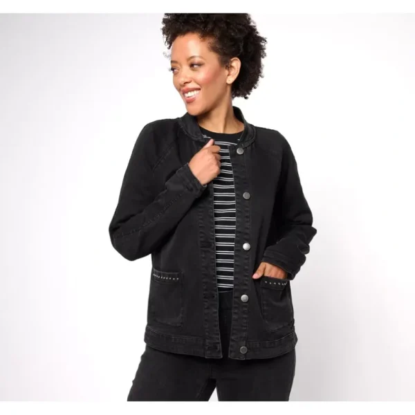 Isaac Mizrahi Live! Black True Denim Bomber Jacket w/ Stud - a world of fashionable women's clothing, including a wide selection of dresses and trendy accessories.> Hat