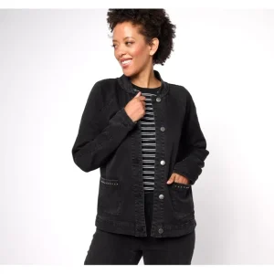 Isaac Mizrahi Live! Black True Denim Bomber Jacket w/ Stud Detail - a world of fashionable women's clothing, including a wide selection of dresses and trendy accessories.> Hat