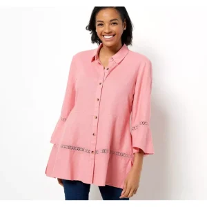 Isaac Mizrahi Live! Bridgehampton Linen Tunic w/ Lace Trim - a world of fashionable women's clothing, including a wide selection of dresses and trendy accessories.> Hat