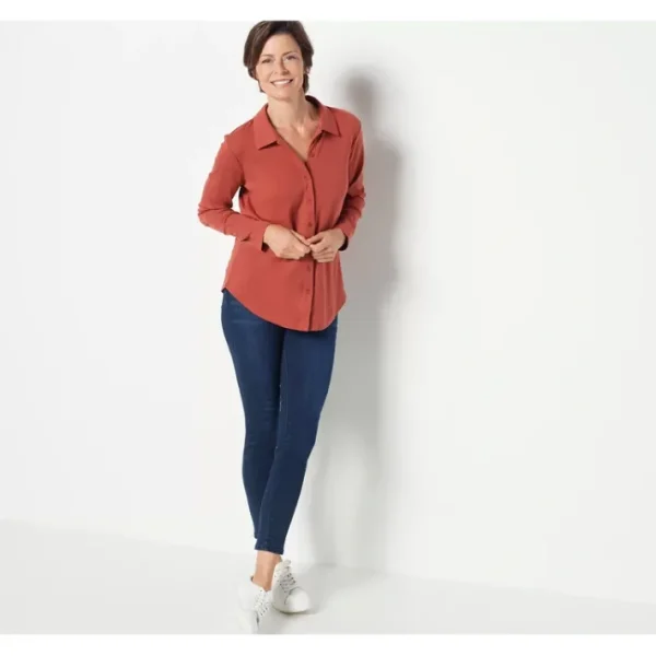 Shop All<Isaac Mizrahi Live! Button Front Essentials Top - a world of fashionable women's clothing, including a wide selection of dresses and trendy accessories.