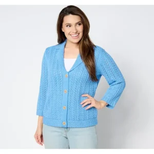 Isaac Mizrahi Live! Button Front Notch Collar Cable Knit Cardigan - a world of fashionable women's clothing, including a wide selection of dresses and trendy accessories.> Hat